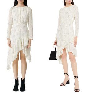 Maje Reto Asymmetric Dress Sz 40 Ecru Cupro Printed Ruffle Trim Long Sleeve